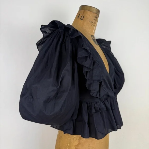 RHODE Eloise Blouse Black Cotton Puff Sleeve Ruffled Top EUC size M - Picture 5 of 10